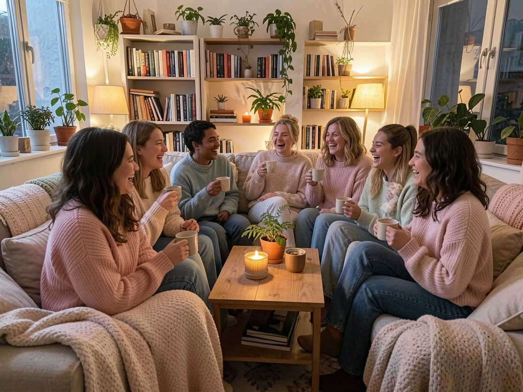 Amigos rindo em sofá com cobertores macios, canecas nas mãos, luz quente de abajur, estante com livros e plantas ao fundo.