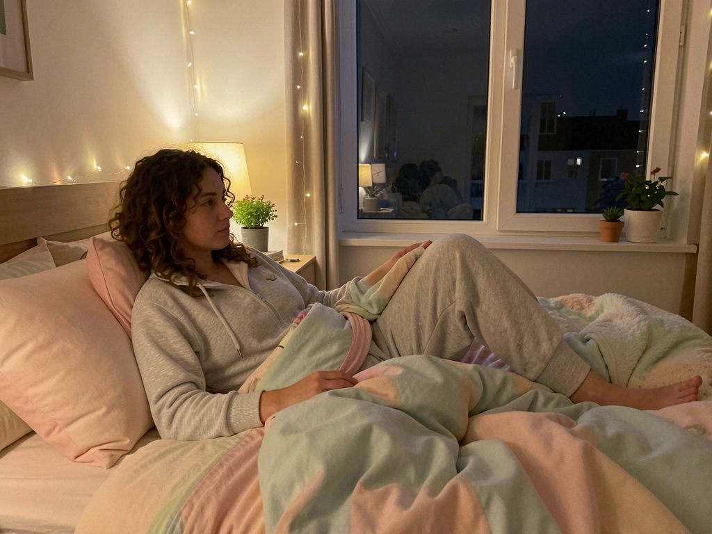 Cama com roupa de cama pastel, luz quente de abajur e fadas luminosas ao fundo, pessoa de cabelo cacheado deitada olhando pela janela.