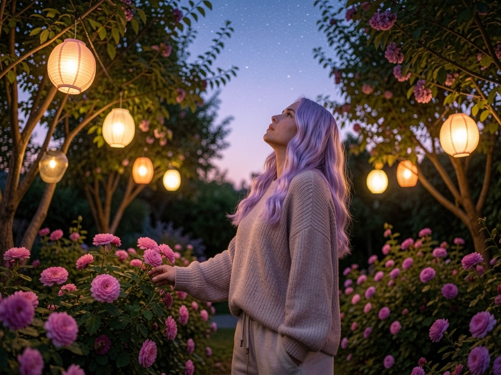 Lanternas penduradas em árvores iluminam jardim noturno com flores rosas e roxas, mulher de cabelo lavanda tocando uma flor, luzes de fadas ao fundo.