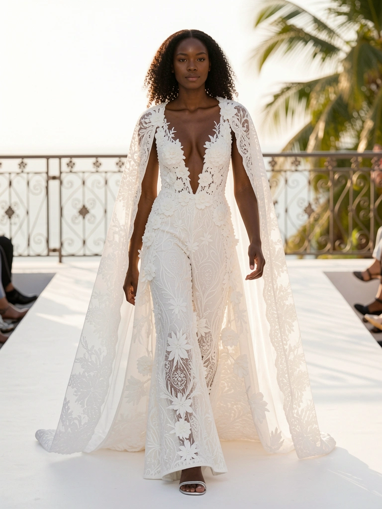 Jovem negra em vestido branco de renda com capa transparente, sandálias prateadas, passarela branca e grade de ferro ao fundo, luz natural suave.