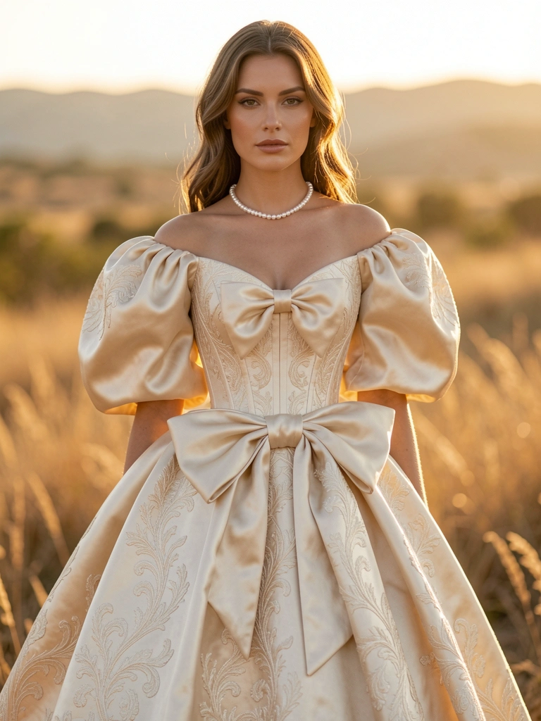 Mulher em vestido off-white de cetim com mangas bufantes, laço no corpete e colar de pérolas, fundo desfocado de grama seca e colinas sob luz dourada.