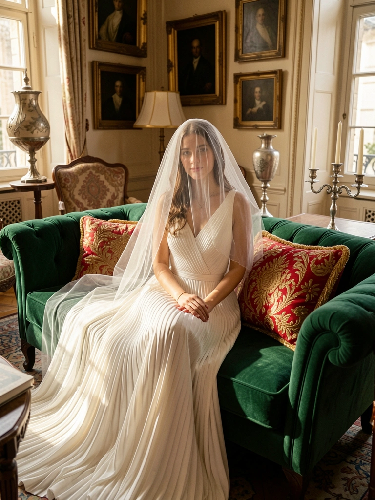 Vestido de noiva branco plissado sobre sofá verde-esmeralda com almofada vermelha e dourada, luz natural destaca texturas, poltrona estampada ao fundo.