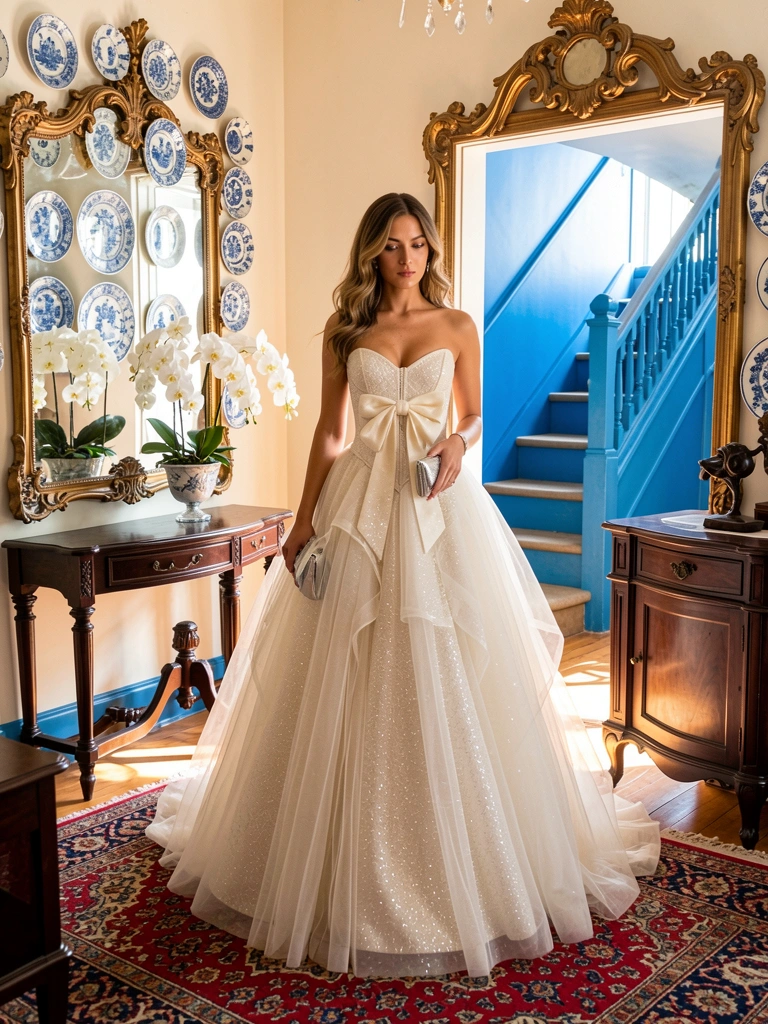 Vestido de tule off-white com laço no corpete, mulher em tapete persa, espelho barroco com pratos azuis e brancos, escada azul vibrante ao fundo.