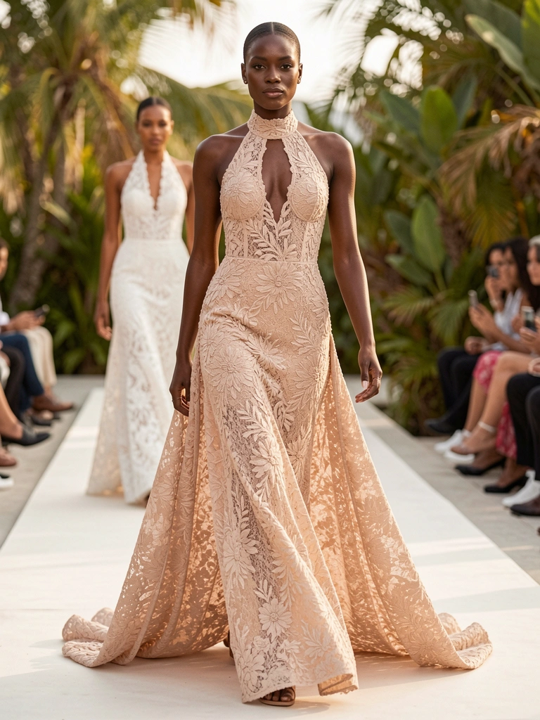 Modelo negra em vestido nude rendado com bordados florais, luz natural suave e vegetação tropical ao fundo.