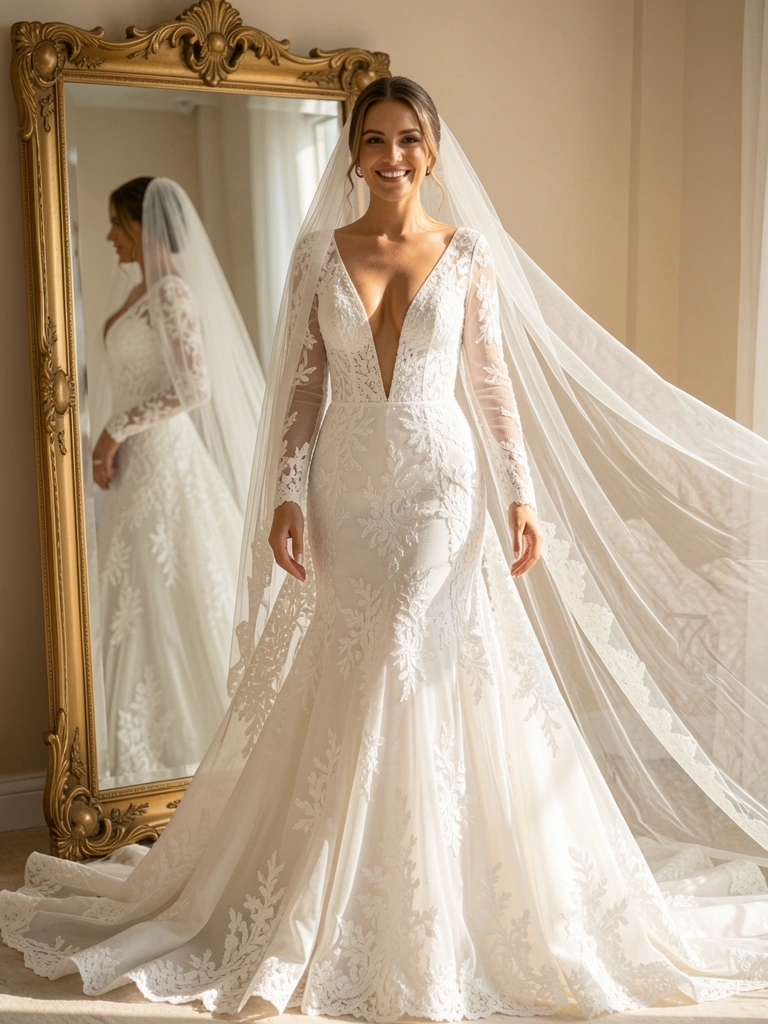 Vestido de noiva branco com renda, véu esvoaçante e espelho dourado refletindo a noiva, luz natural suave.