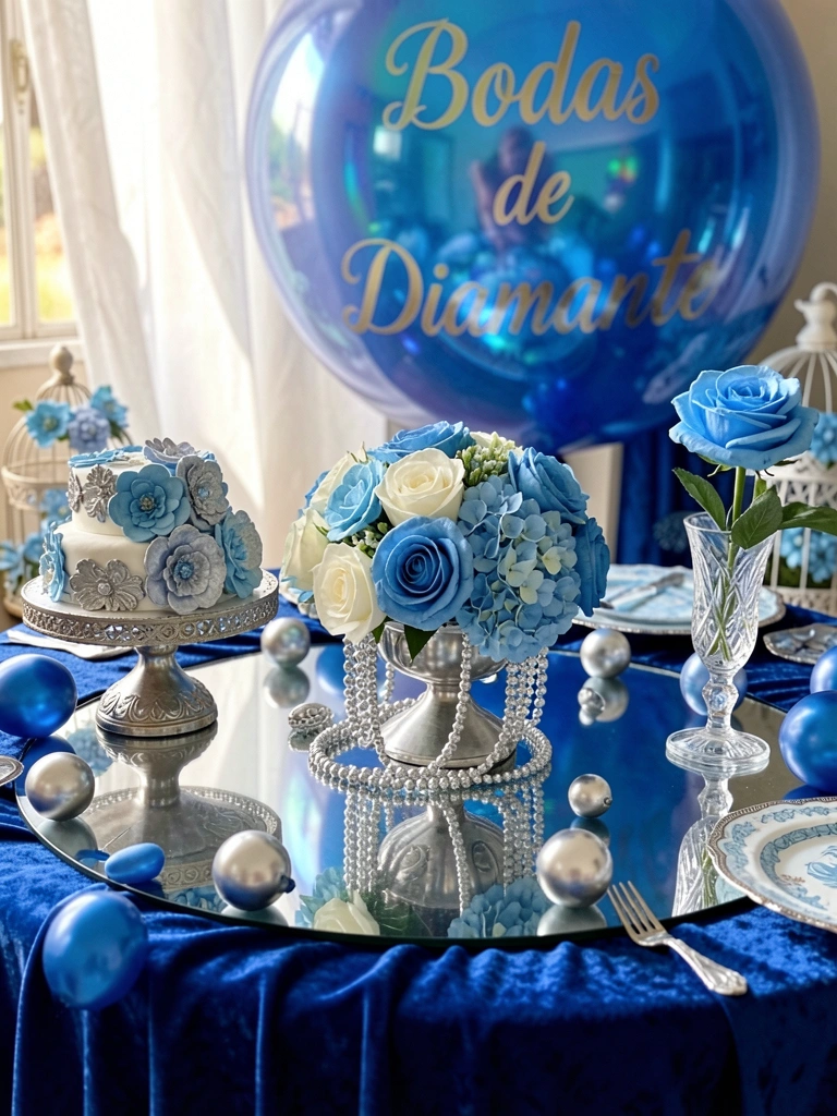 Mesa redonda de vidro sobre veludo azul royal exibe centro de prata com rosas e hortênsias, balões azuis e bolo decorado com açúcar.