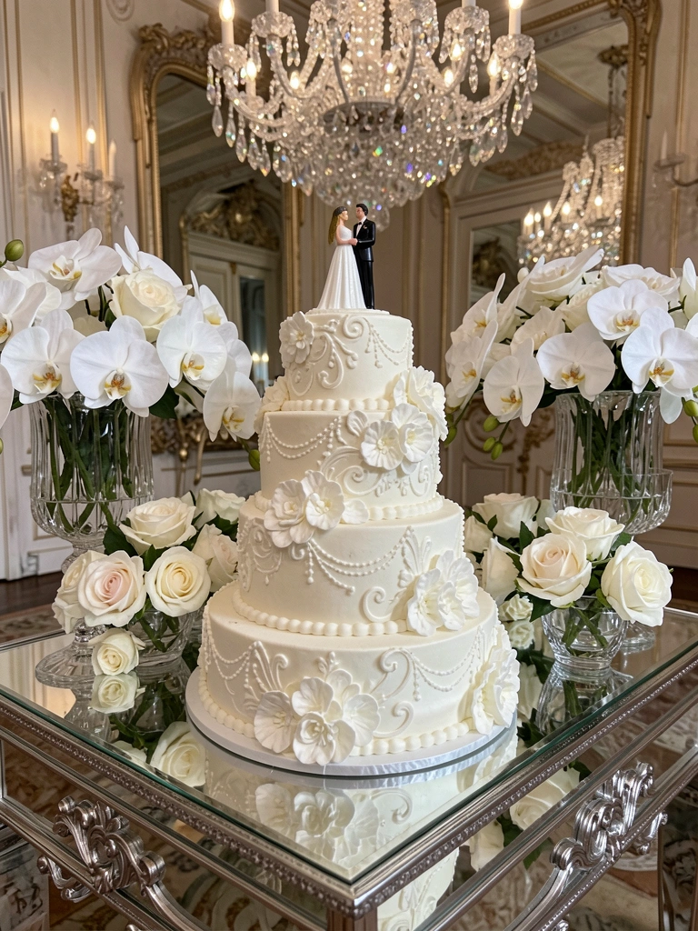 Bolo de casamento de três camadas com glacê branco e flores de açúcar, refletido em mesa espelhada com arranjos de orquídeas e rosas em vasos de cristal, lustre e espelho ao fundo.