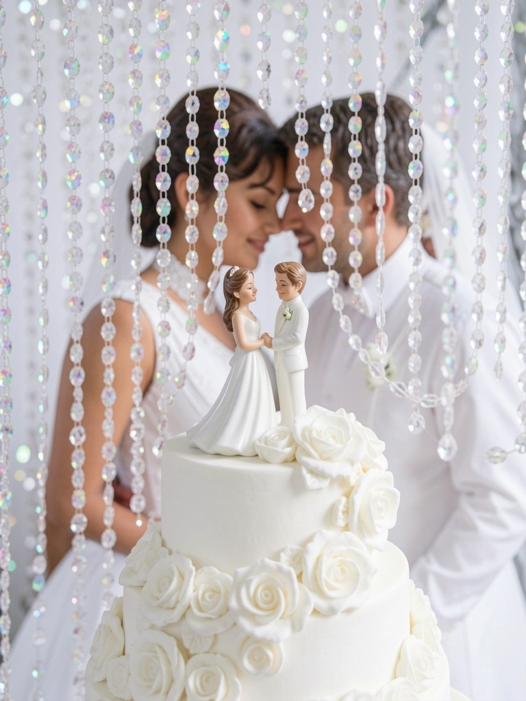 Bolo de casamento branco com rosas de glacê sob cortina de contas de cristal cintilantes, casal em trajes brancos admirando miniatura de noivos no topo do bolo.