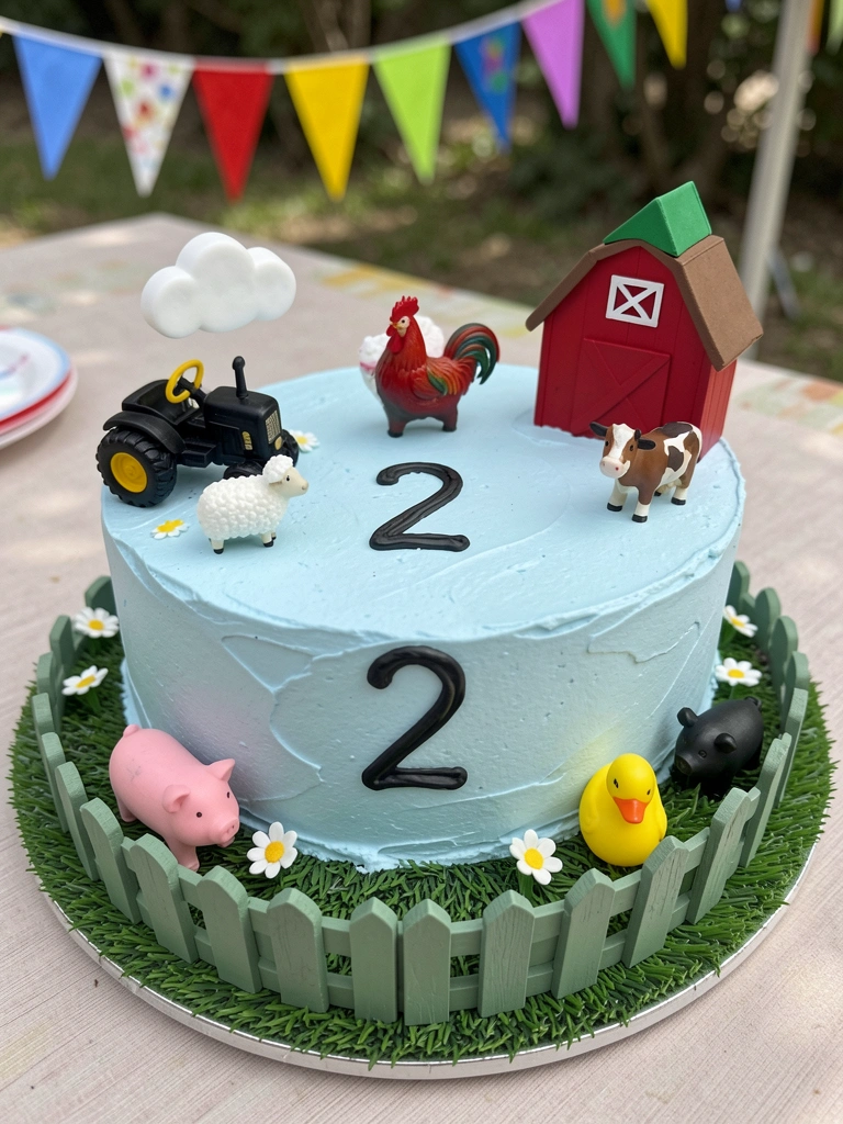Bolo decorado com tema fazenda sobre mesa de festa com bandeirinhas coloridas ao fundo