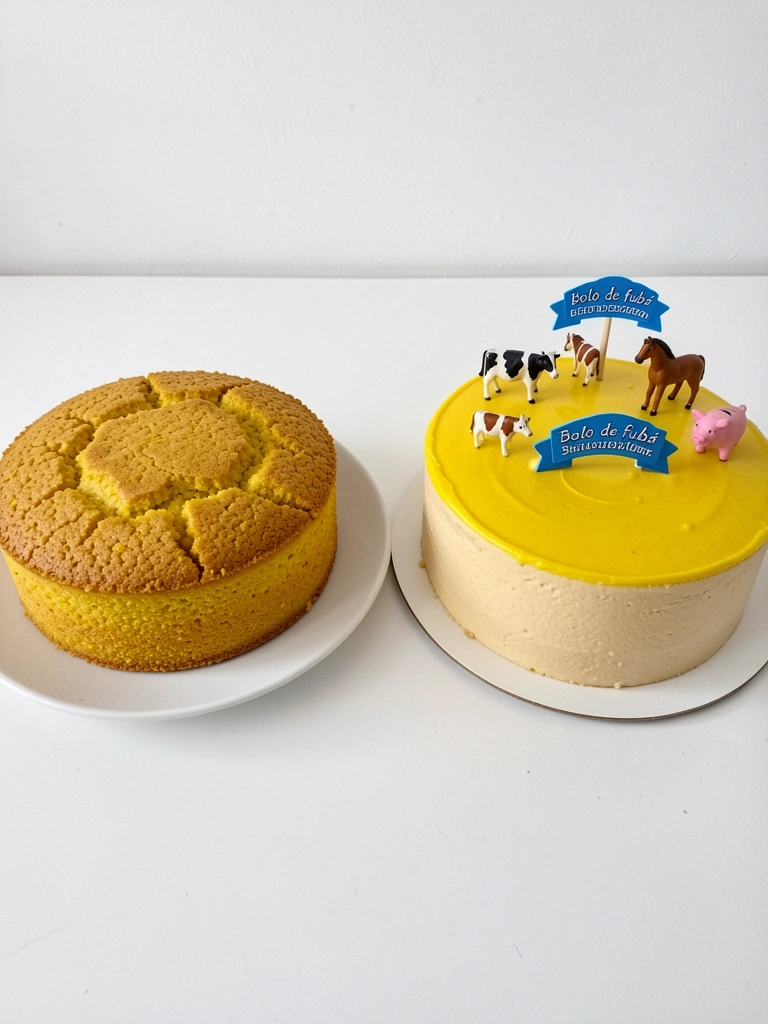 Bolo de fubá caseiro ao lado de um bolo decorado com animais de fazenda