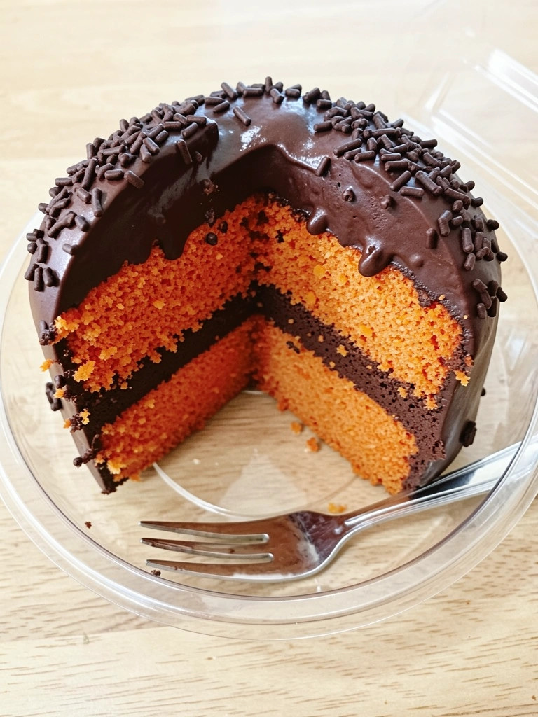 Fatias de bolo de cenoura com camadas de chocolate e ganache, sobre suporte de plástico transparente, garfo prateado ao lado, fundo de madeira clara.