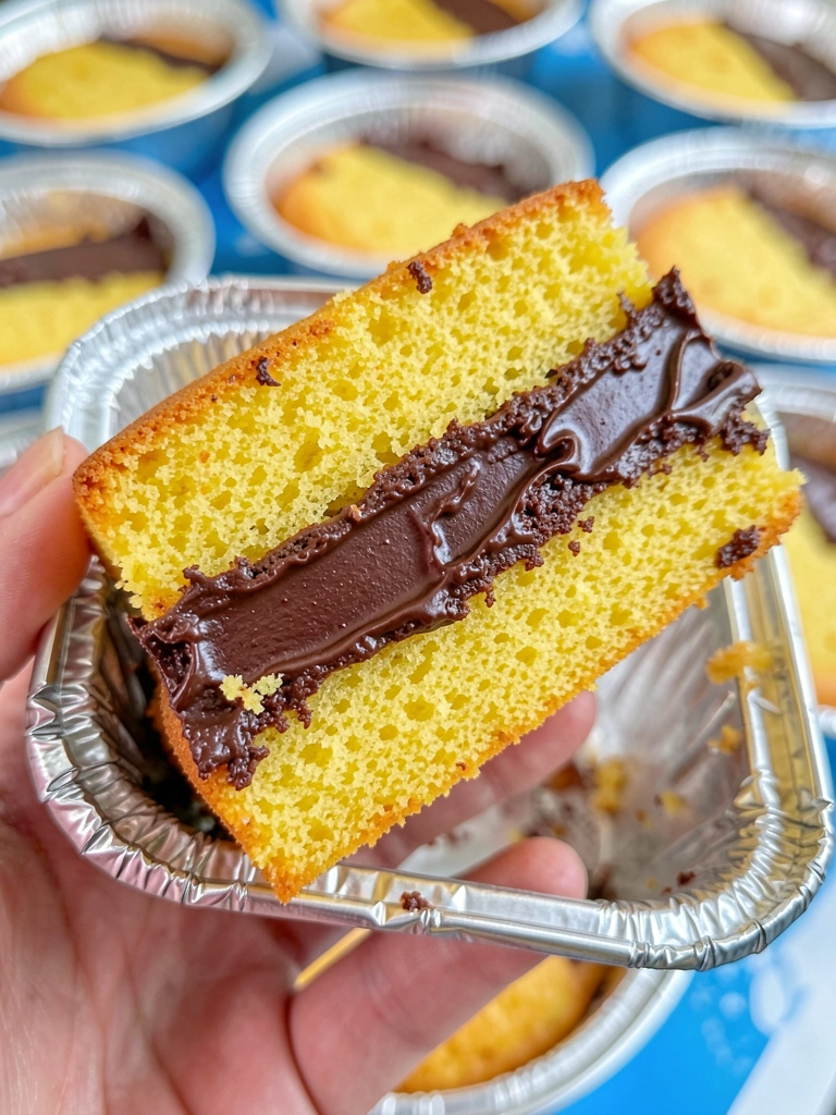 Fatia de bolo amarelo com ganache de chocolate em forma de alumínio, mão segurando, fundo desfocado com outras fatias em azul e branco, luz natural suave.