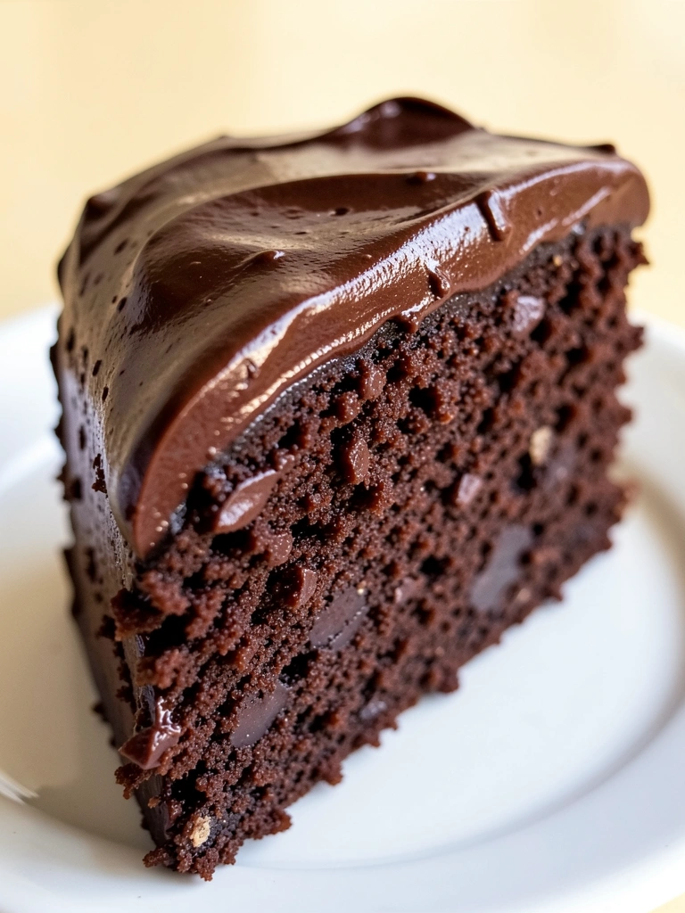 Fatia de bolo de chocolate com ganache brilhante sobre prato branco, luz natural destacando a textura densa e os pedaços de chocolate.