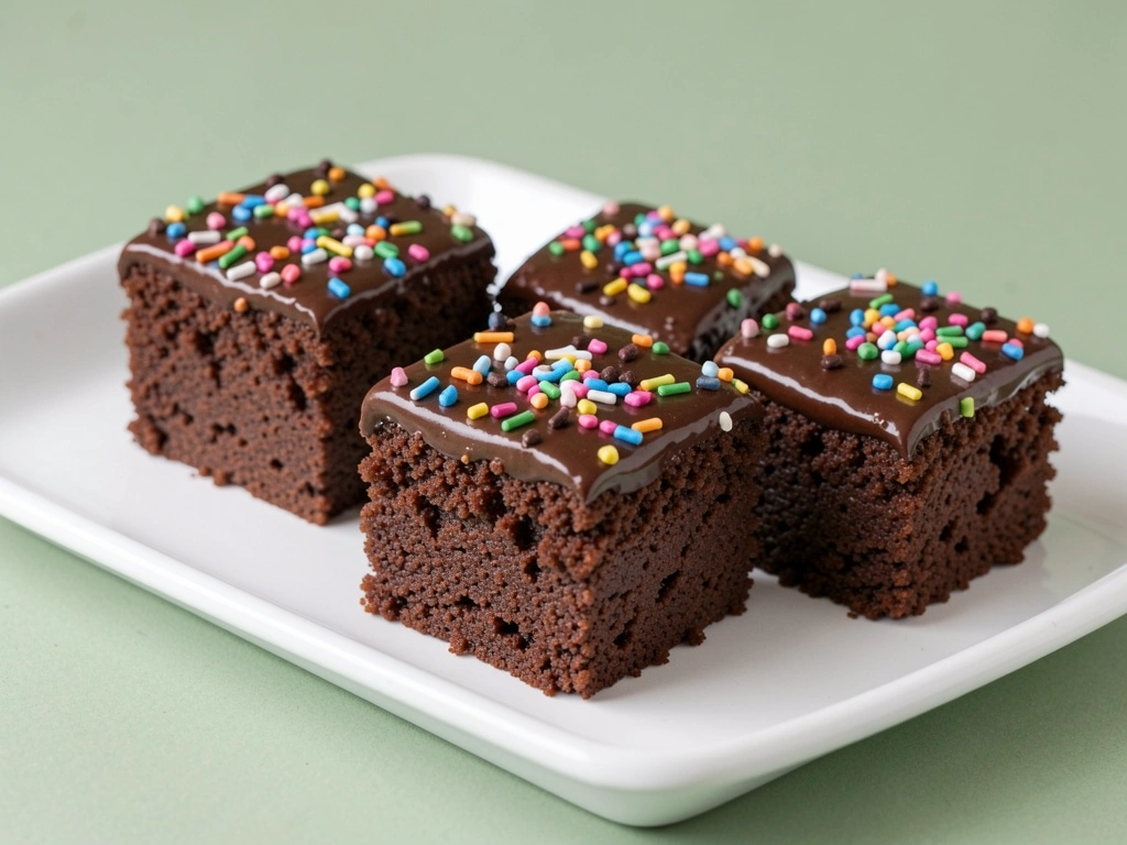 Três fatias de bolo de chocolate com cobertura brilhante e granulado colorido, em bandeja de cerâmica branca sobre fundo verde.