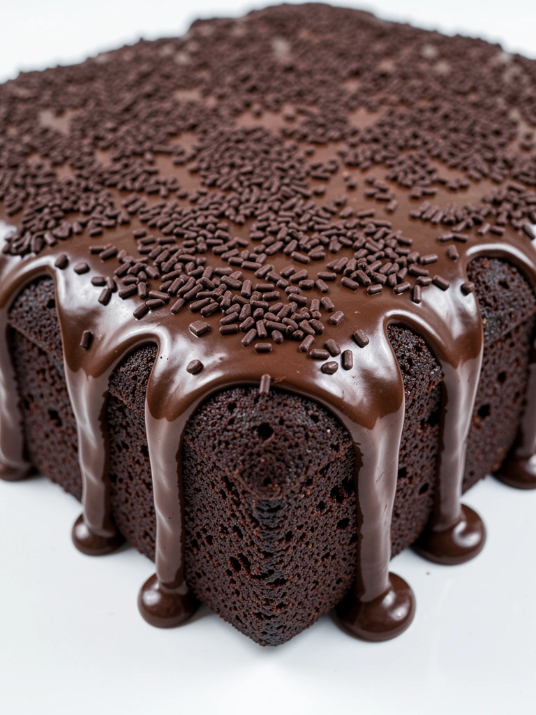 Close-up de bolo de chocolate escuro com ganache brilhante e cobertura de granulado, sobre superfície branca com iluminação suave.