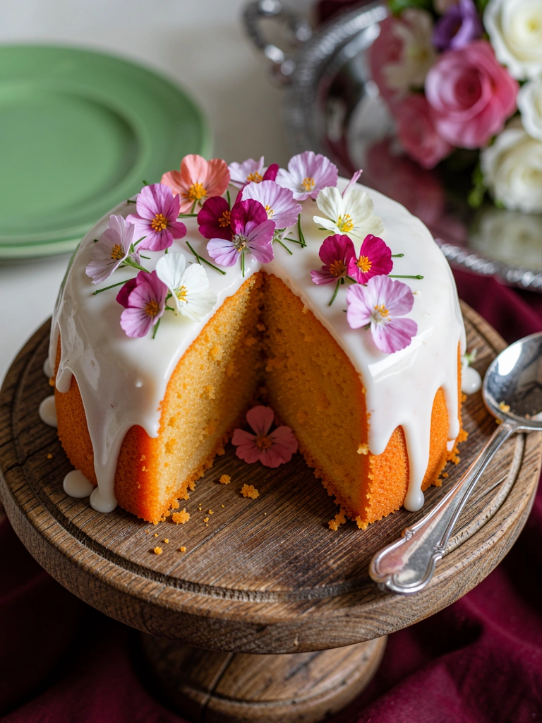Bolo redondo de laranja com cobertura branca e flores comestíveis, fatia exposta com miolo dourado, sobre suporte rústico de madeira. Colher de prata ao lado, fundo com prato verde e arranjo floral.