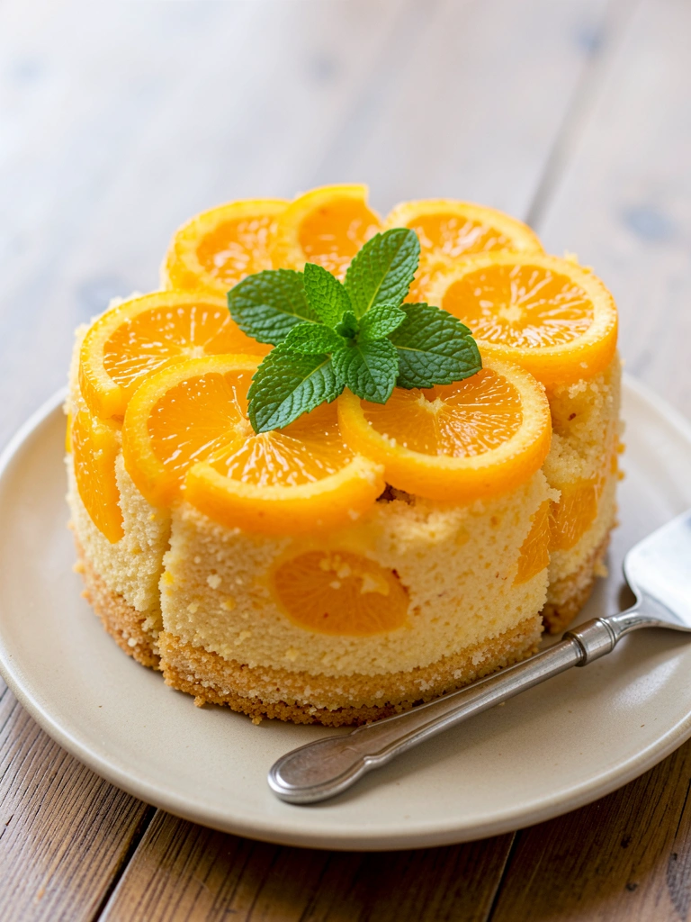 Fatia de bolo de laranja com rodelas em flor e hortelã, em prato bege, colher de prata ao lado, mesa de madeira ao fundo, luz natural suave.