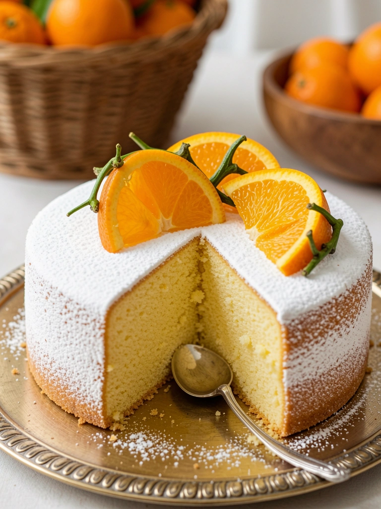 Bolo de frutas cítricas fatiado sobre prato de metal dourado, com fatias de laranja e colher de prata, luz natural difusa ao fundo com cesta de vime.