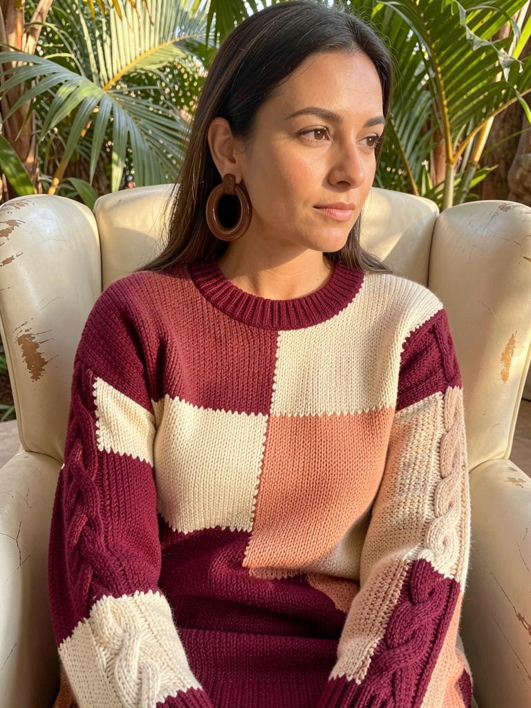 Prateado de luz natural realça o tricô patchwork em vinho, creme e pêssego do vestido de malha, com brincos grandes marrons, sentada em poltrona creme desgastada.