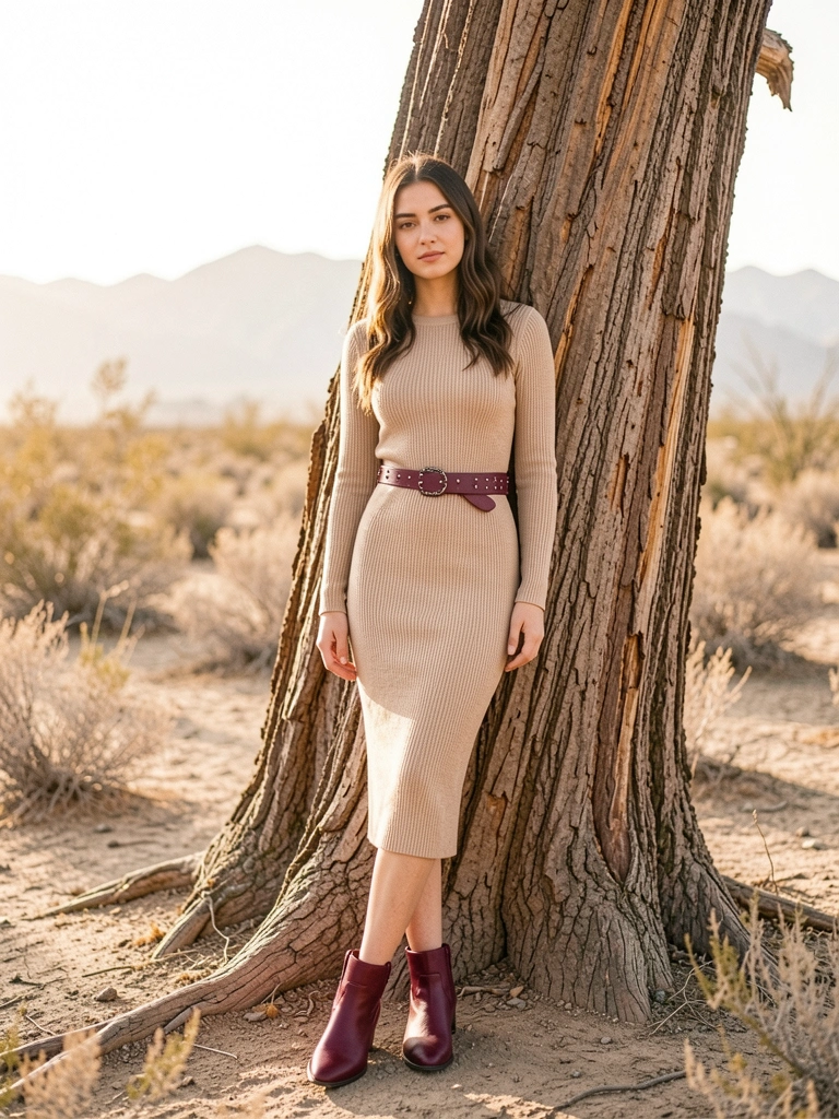 Mulher com vestido bege justo, cinto vinho com tachas e botas vinho, encostada em tronco de árvore texturizado, montanhas ao fundo com névoa leve.