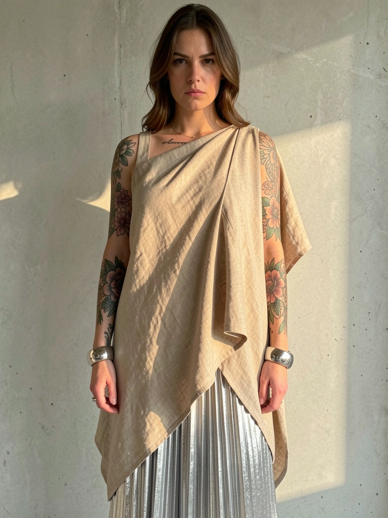Mulher com tatuagens florais nos braços, veste túnica de linho bege e saia metálica prateada, contra parede de concreto cinza claro com luz natural suave.