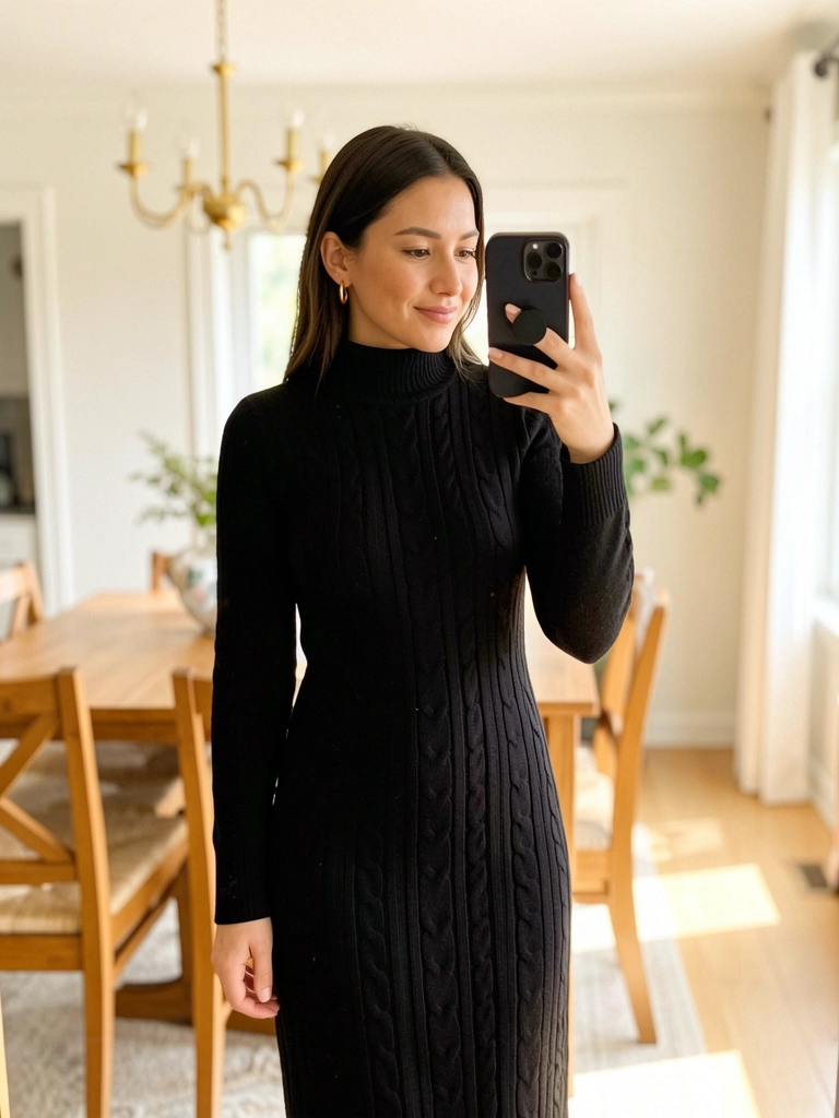 Mulher de vestido preto de tricô fazendo selfie em sala iluminada com mesa de madeira e lustre dourado ao fundo.