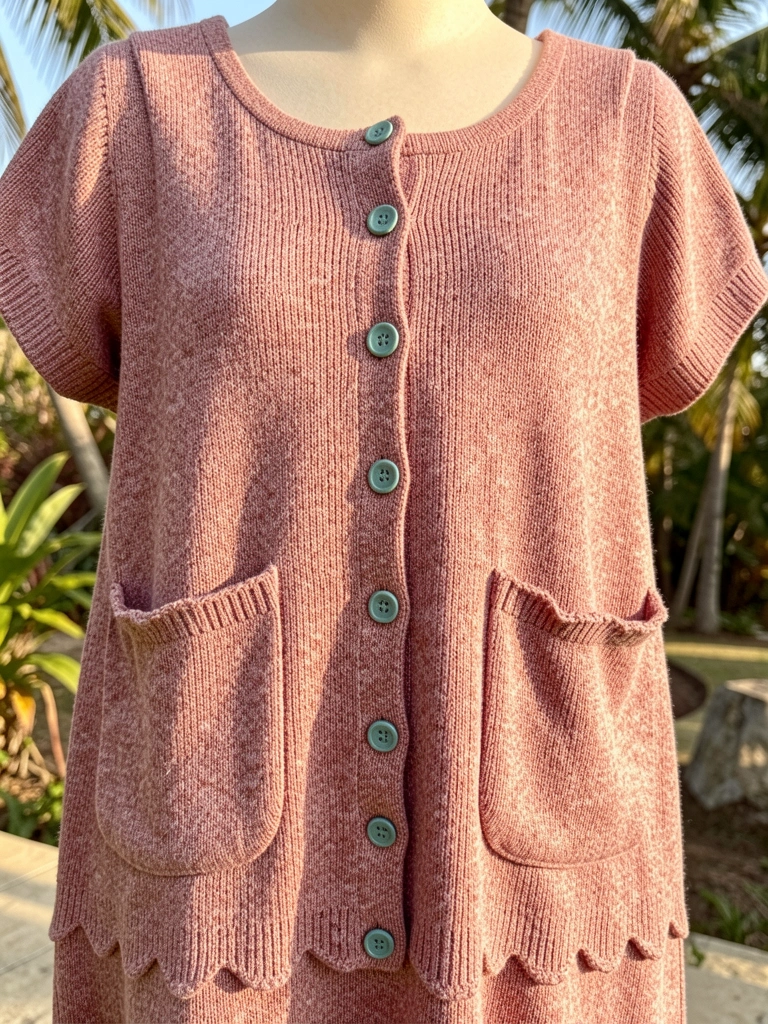Macacão de tricô rosa poeira com bolsos grandes e bainha scallop, botões verde-azulados, luz natural e fundo tropical.