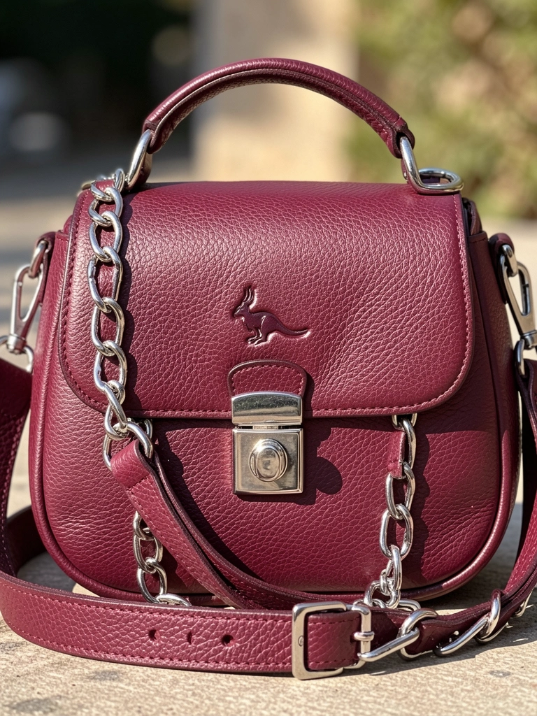 Bolsa transversal de couro bordô com logotipo canguru em relevo, fecho prateado e correntes metálicas, luz natural do dia.