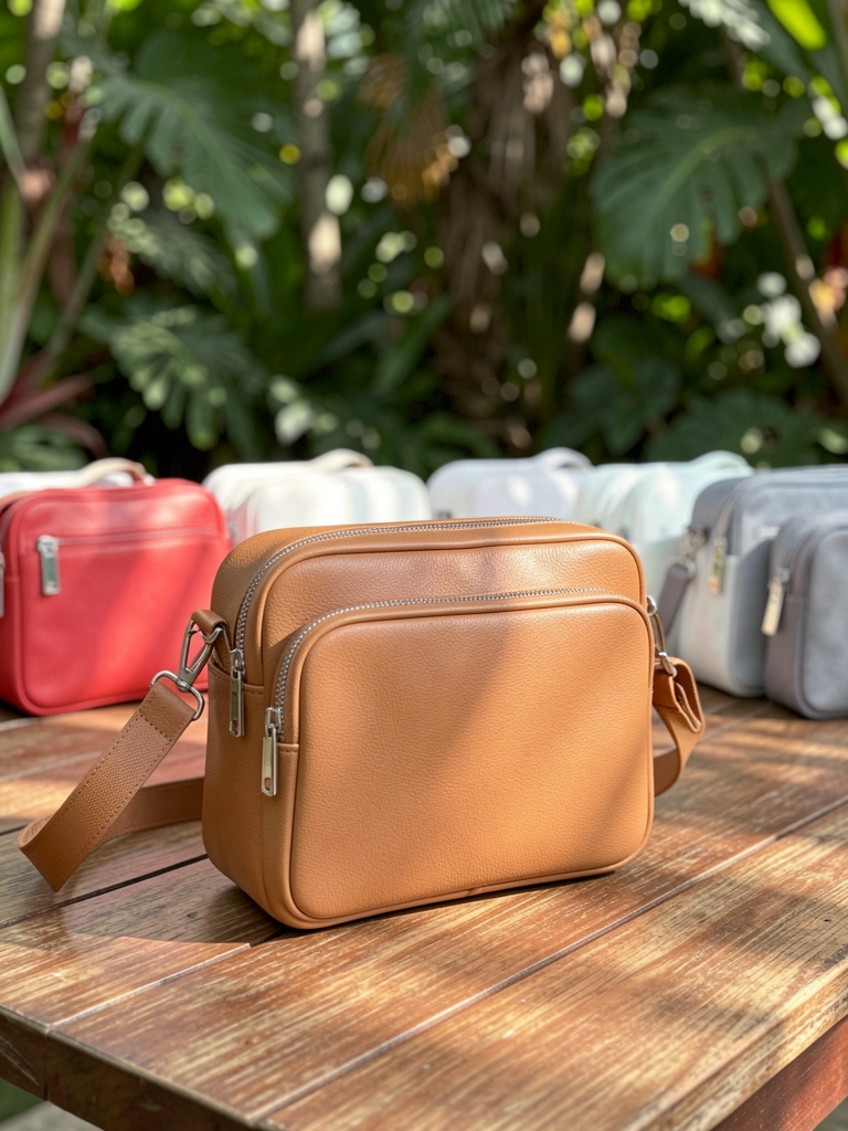 Bolsa de couro marrom-claro com fechos prateados sobre mesa de madeira, fundo desfocado de jardim tropical com folhagens e luz solar salpicada.
