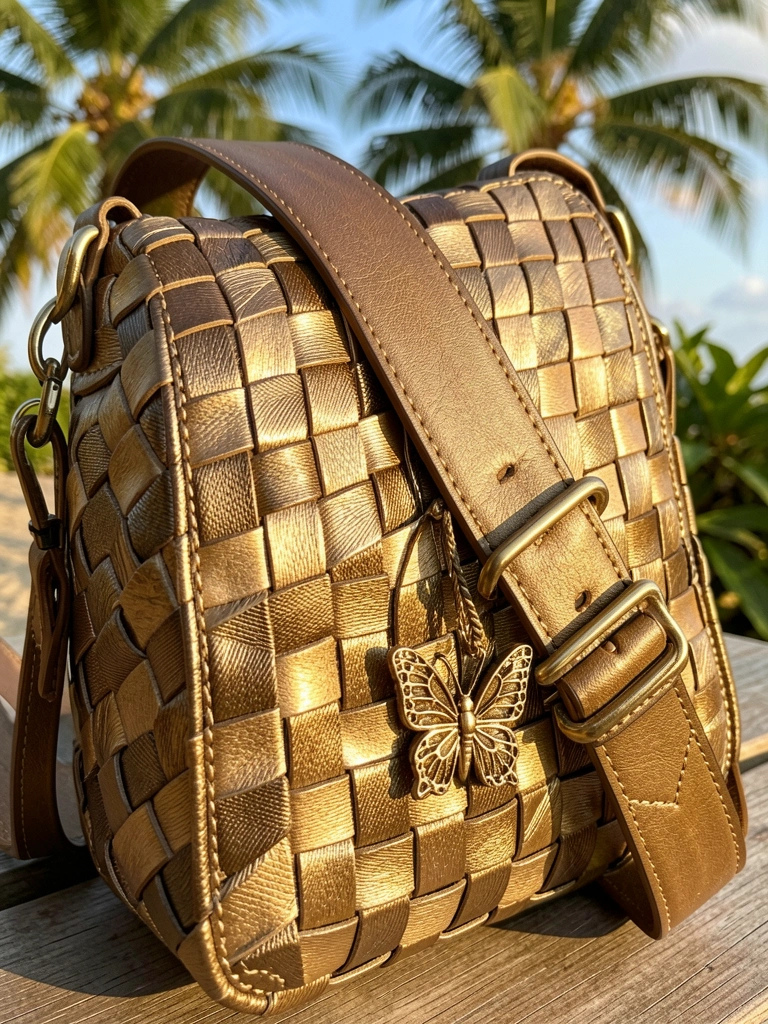 Bolsa transversal de palha metálica com padrão xadrez e alça de couro, detalhe de borboleta pendurada, luz natural do dia.