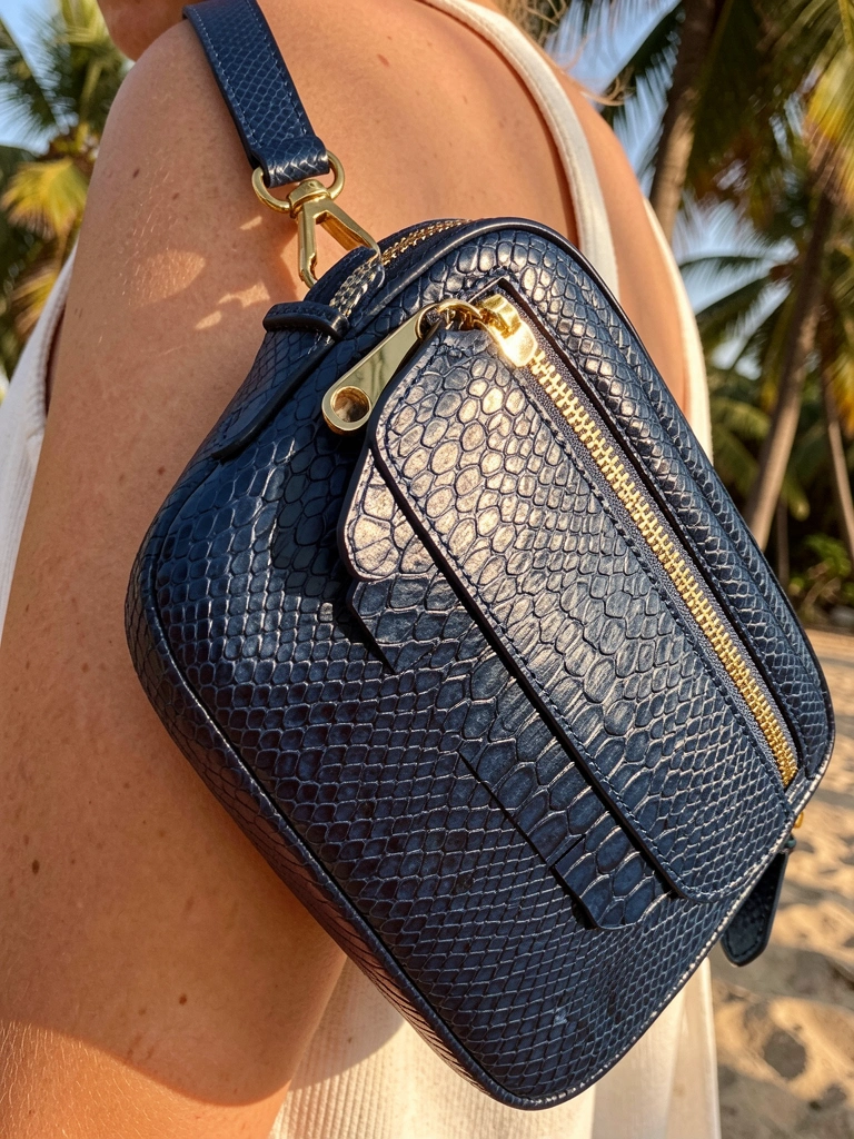 Bolsa crossbody de couro cobra azul-marinho com zíper e fecho dourados, apoiada diagonalmente sobre um ombro, luz natural tropical e fundo com brisa.