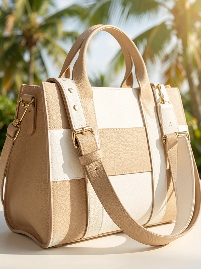 Bolsa de couro bege e branca com alças ajustáveis, costura detalhada e luz natural de estúdio.