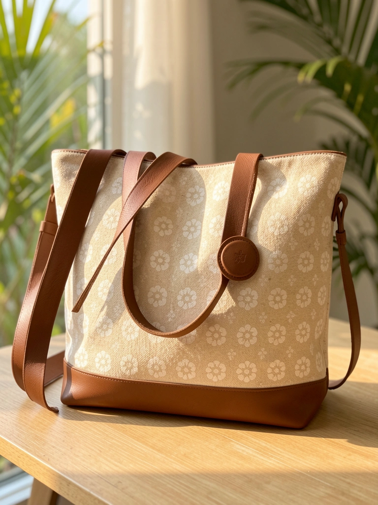 Bolsa de lona bege com base de couro marrom e estampa floral, sobre mesa de madeira clara sob luz natural difusa.