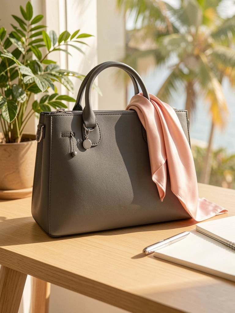 Bolsa de couro cinza escuro com zíper prateado sobre mesa de madeira clara, lenço rosa blush pendurado, caderno e caneta ao lado, vaso com folhas verdes ao fundo, luz natural.
