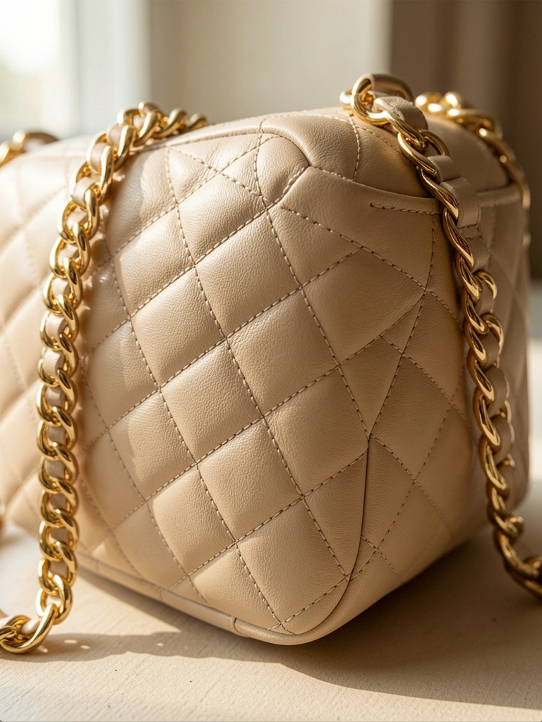 Bolsa transversal acolchoada em couro bege claro com corrente dourada, costura diamantada e luz natural suave.