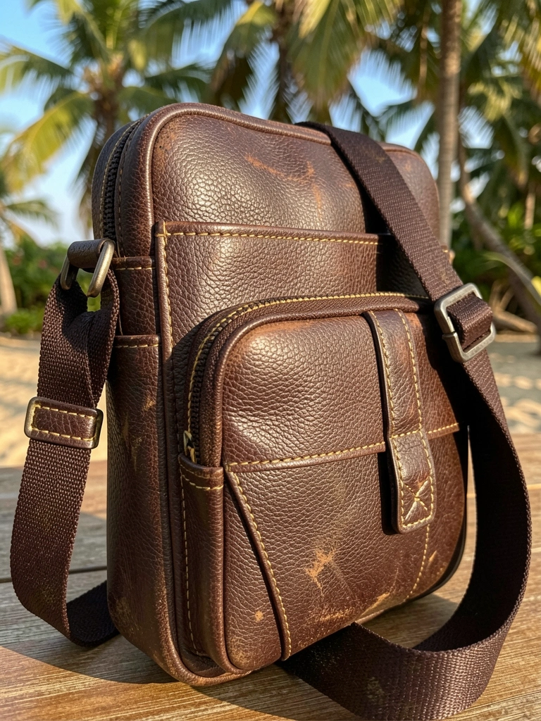 Bolsa de couro marrom-escuro texturizada com alça de ombro ajustável e detalhes de costura amarela, em luz natural quente.