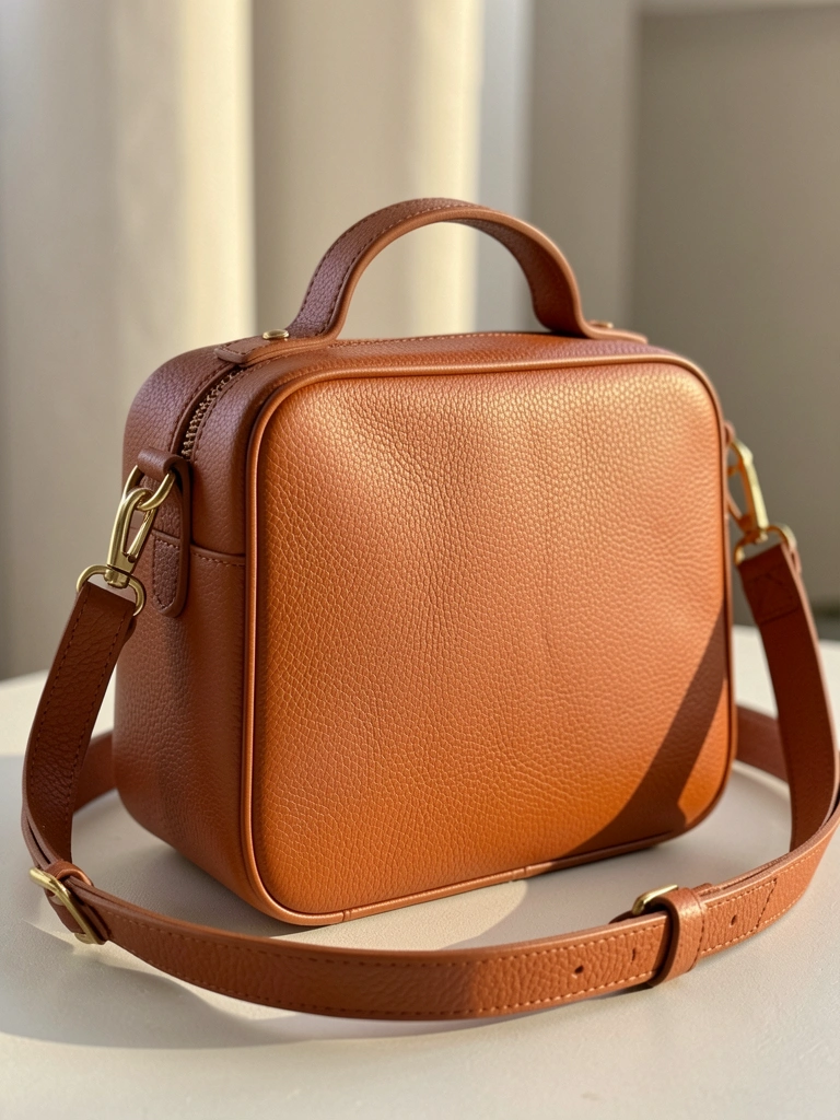 Bolsa crossbody de couro cognac com textura granulada, alça de ombro ajustável e fivelas douradas, sobre superfície clara sob luz natural quente.