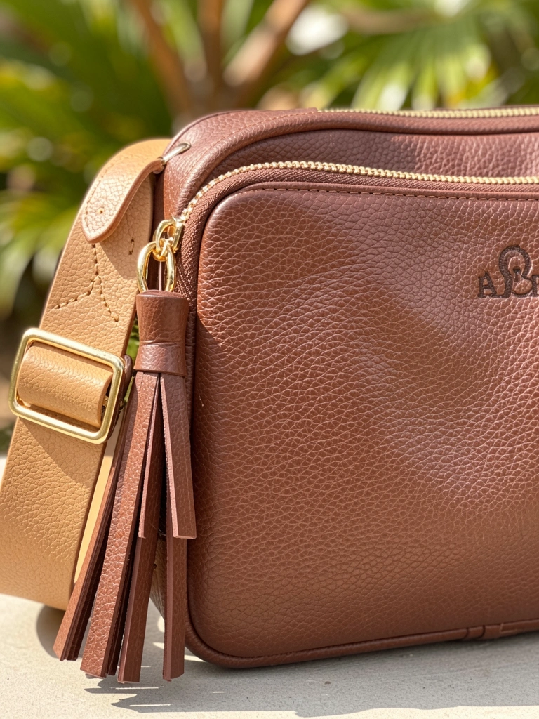 Bolsa de couro marrom com zíper dourado, pingentes e alça de ombro com fivela, iluminação suave natural e folhagem tropical desfocada ao fundo.