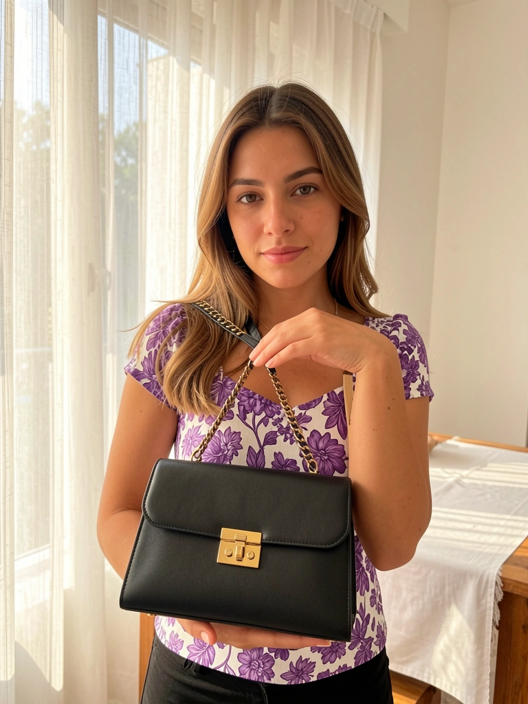 Mulher com blusa floral roxa e bolsa preta de couro com fecho dourado, luz natural filtrada por cortinas brancas e mesa de madeira com toalha clara.