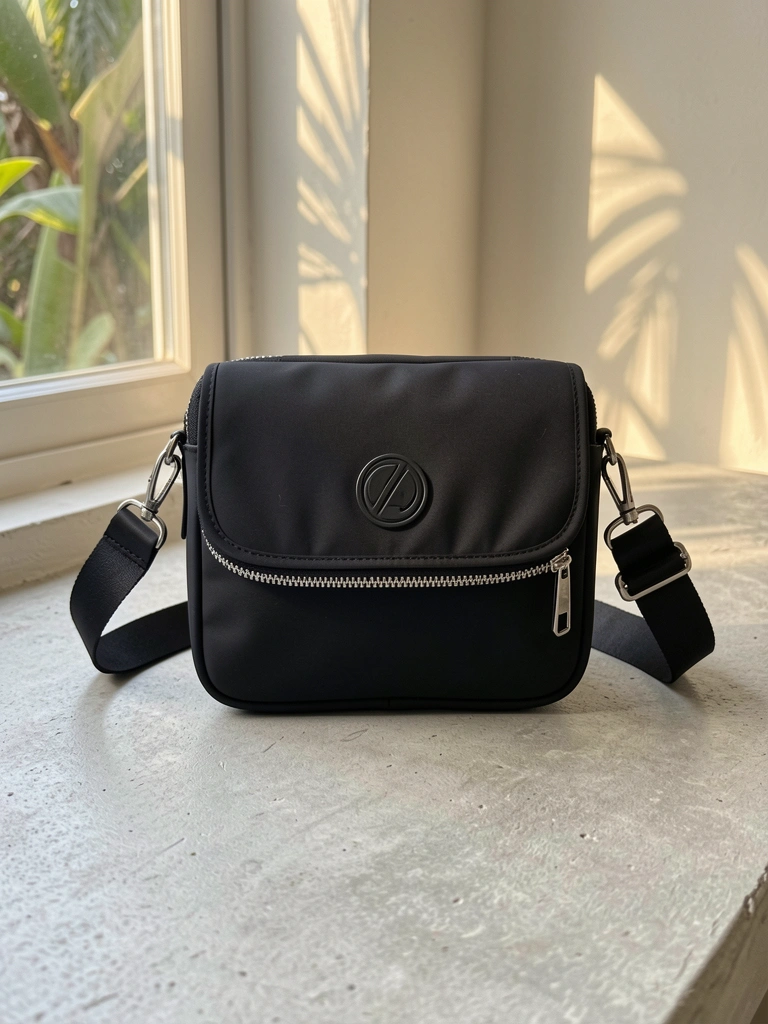 Bolsa crossbody preta de nylon fosco com zíper prateado e alça de couro destacável sobre superfície de concreto cinza claro, luz natural suave com sombras.