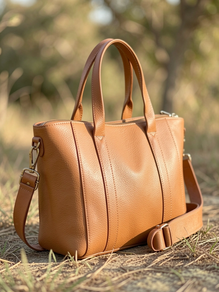 Bolsa tote de couro marrom claro com alças e fecho zíper, luz natural destacando textura do material, fundo externo suave.