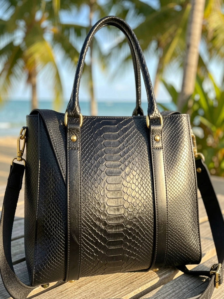 Bolsa tote de couro preto com textura de cobra, ferragens douradas e alça, luz natural e fundo tropical desfocado.