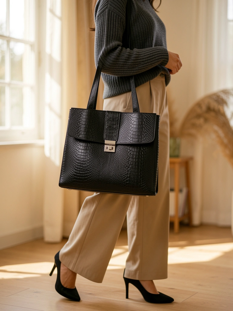 Bolsa preta de couro texturizado com fecho prateado, suéter cinza e calça bege, luz natural de janela ao fundo.