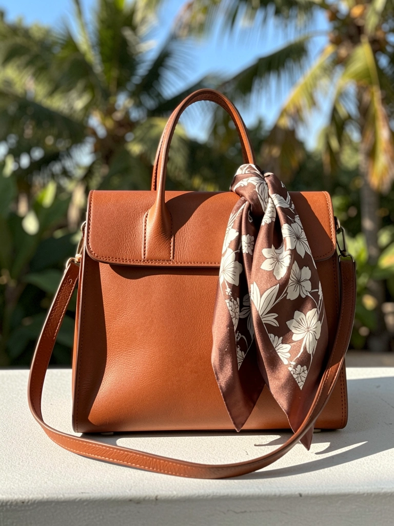 Bolsa de couro marrom com alça longa sobre superfície cinza-claro, lenço de seda estampado com florais brancos pendurado na alça, luz natural destacando texturas.