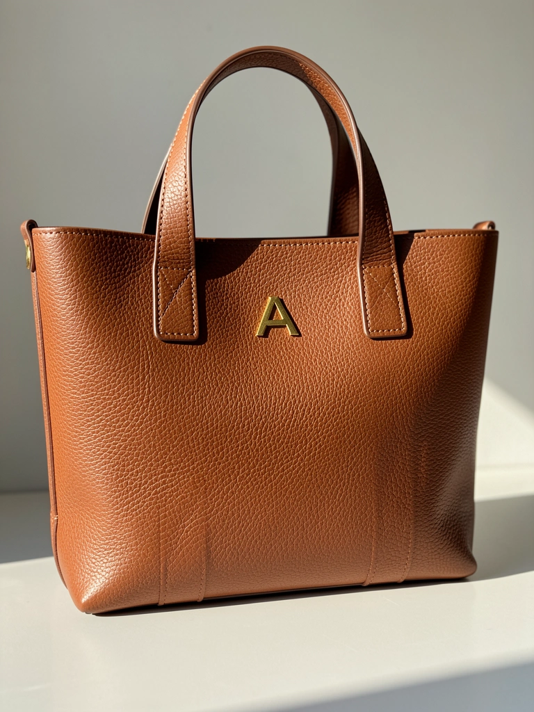 Bolsa tote de couro marrom com alças e logotipo 