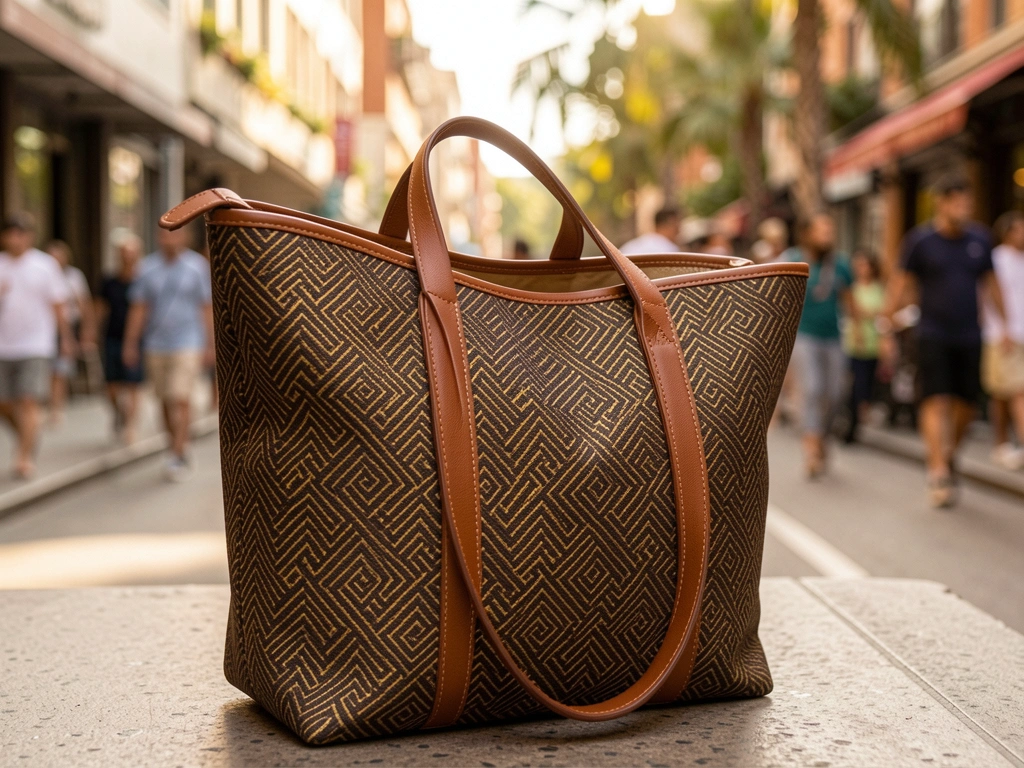 Bolsa tote marrom escura com estampa geométrica dourada, alça de couro, aberta mostrando interior, luz natural, fundo desfocado de rua.