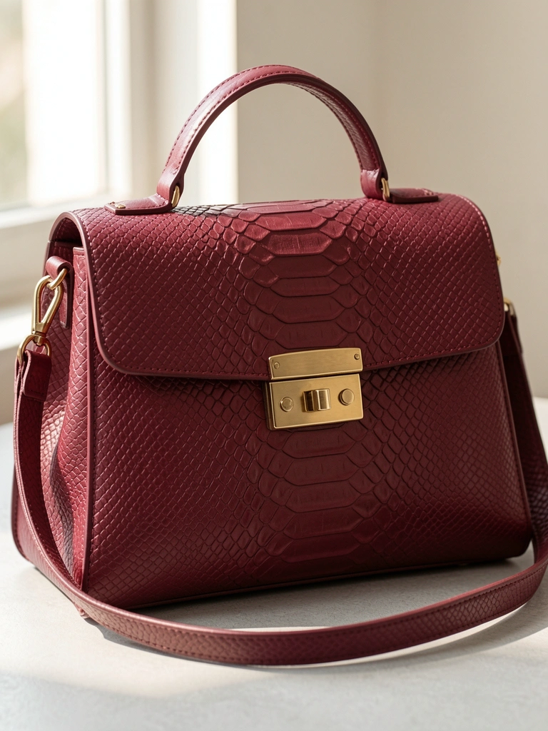 Bolsa tote de couro vinho com textura escamada, fecho dourado escovado, sobre superfície cinza clara com luz natural difusa.