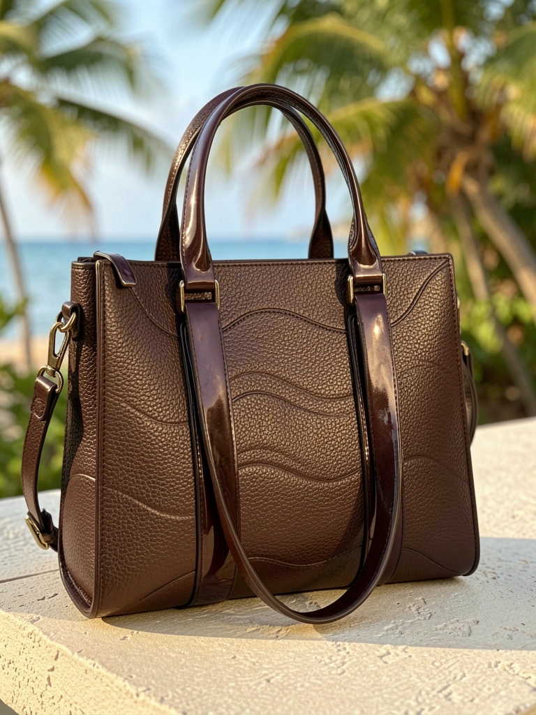 Bolsa tote de couro marrom escuro texturizado com alças metálicas, sobre superfície clara, luz natural.