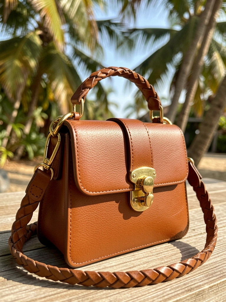 Bolsa de couro marrom com alça trançada e fecho dourado, textura do couro e costuras visíveis, luz natural quente.