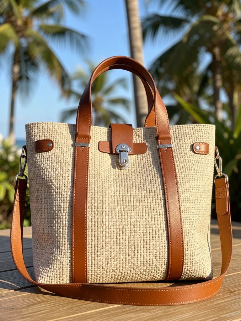 Bolsa de palha bege estruturada com alça de couro marrom e fecho prateado, luz natural e fundo tropical desfocado.